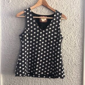 Maeve Anthropologie sleeveless V-neck black white polka dot fit-and-flare top